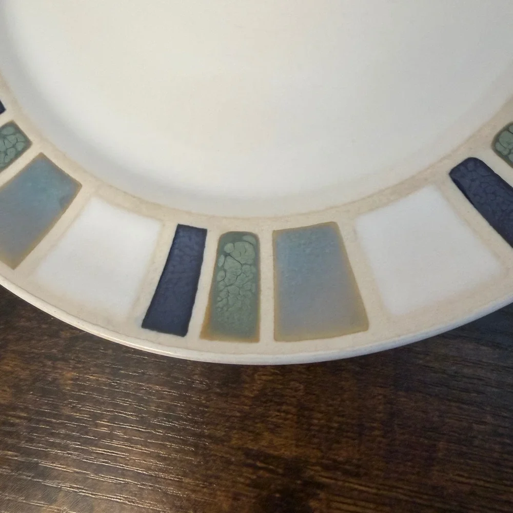 Food Network Salad Plate Stoneware Cream Blue Green Mosaic Tile Geometric 8.25in